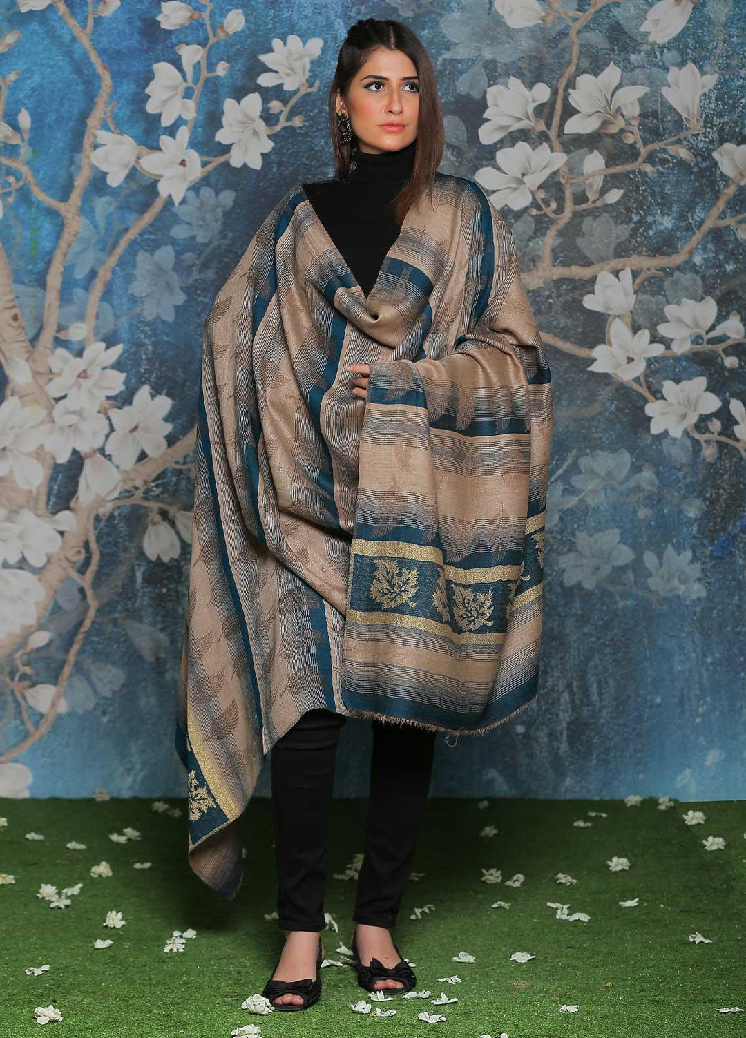 Sanaulla Exclusive Range Embroidered Pashmina  Shawl AKP-47 Ferozi-2 - Pashmina Shawls