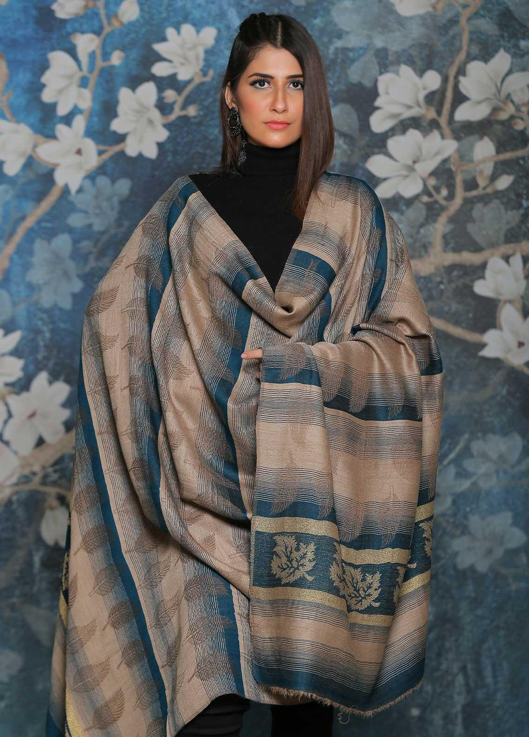 Sanaulla Exclusive Range Embroidered Pashmina  Shawl AKP-47 Ferozi-2 - Pashmina Shawls