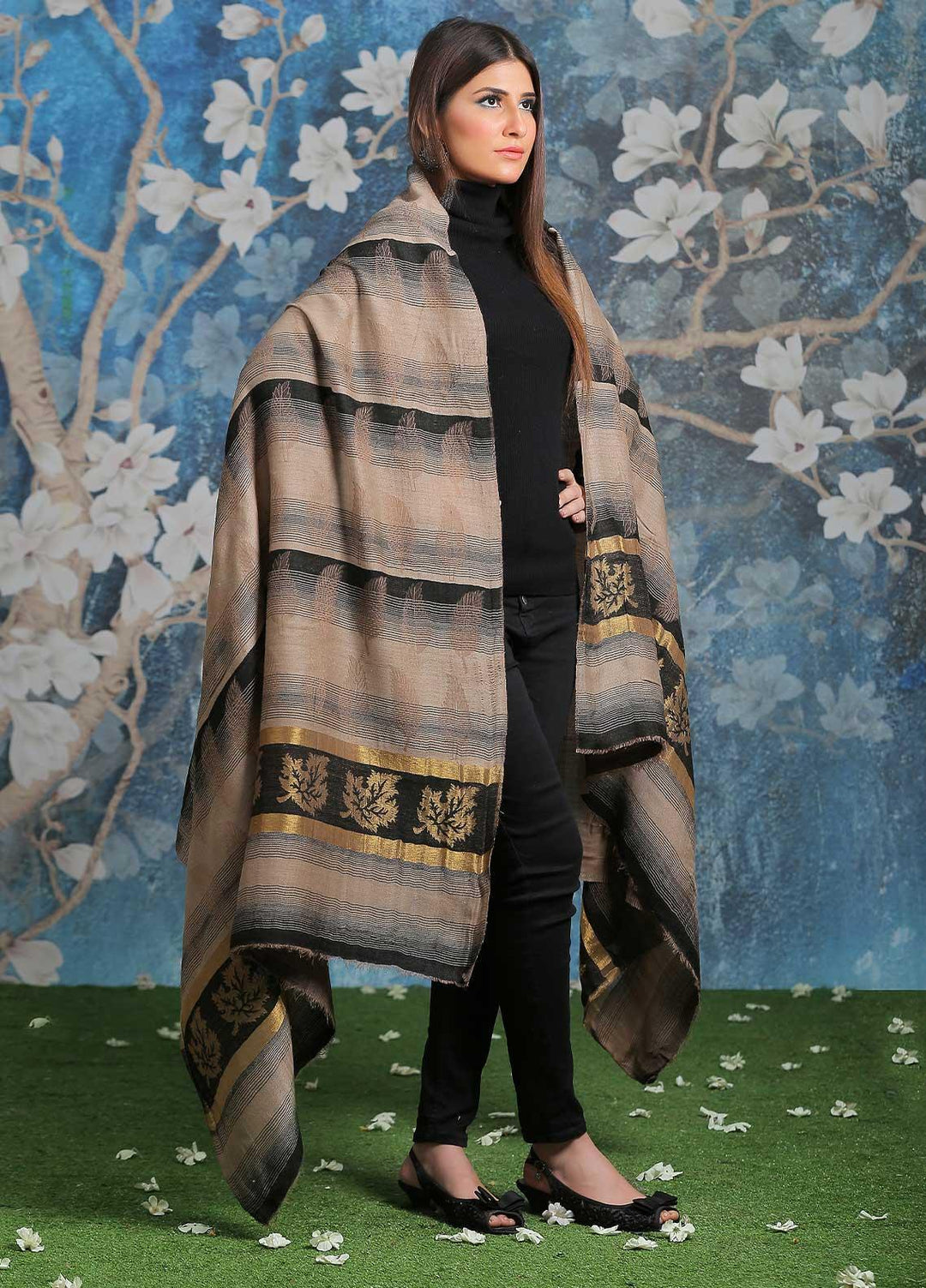 Sanaulla Exclusive Range  Pashmina  Shawl SU21PP AKP-47 Grey-2 - Pure Pashmina Shawls