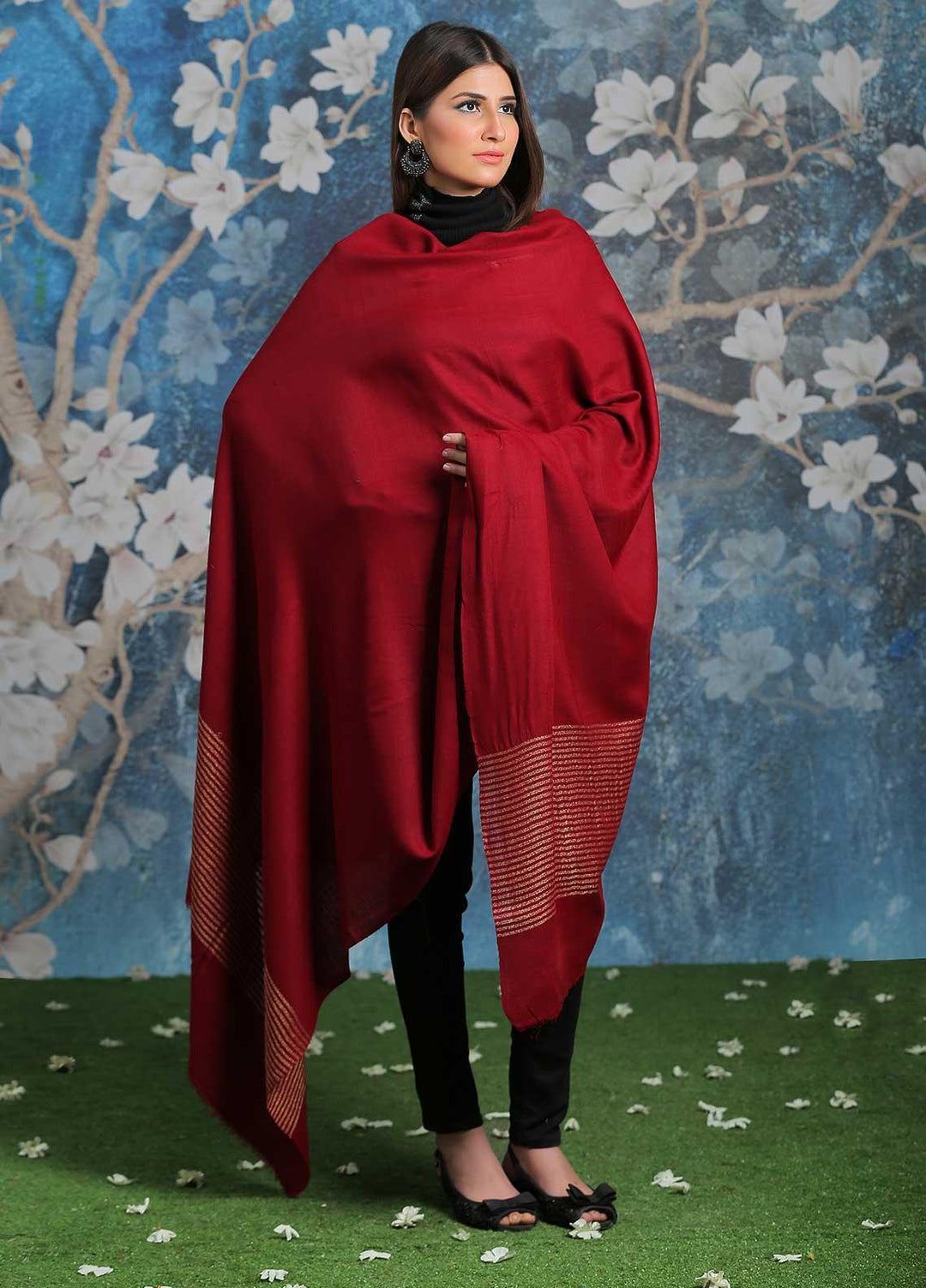Sanaulla Exclusive Range  Pashmina  Shawl SU21PP AKP-47 Red - Pure Pashmina Shawls