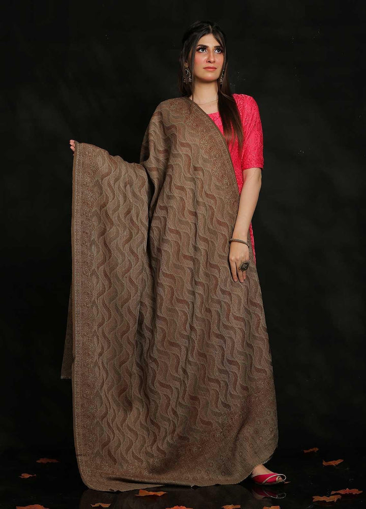Sanaulla Exclusive Range Embroidered Pashmina  Shawl AKP-50 Brown-10 - Pashmina Shawls