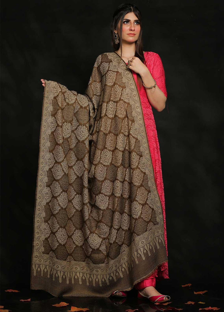 Sanaulla Exclusive Range Embroidered Pashmina  Shawl AKP-50 D Brown-9 - Pashmina Shawls