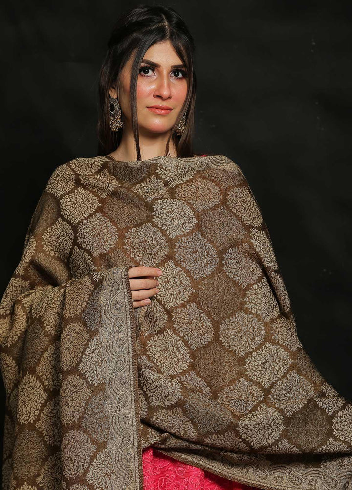 Sanaulla Exclusive Range Embroidered Pashmina  Shawl AKP-50 D Brown-9 - Pashmina Shawls