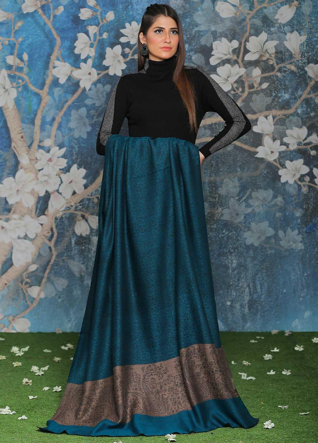 Sanaulla Exclusive Range Embroidered Pashmina  Shawl AKP-51 Blue-1 - Pashmina Shawls