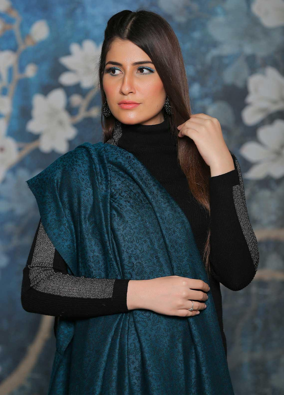 Sanaulla Exclusive Range Embroidered Pashmina  Shawl AKP-51 Blue-1 - Pashmina Shawls