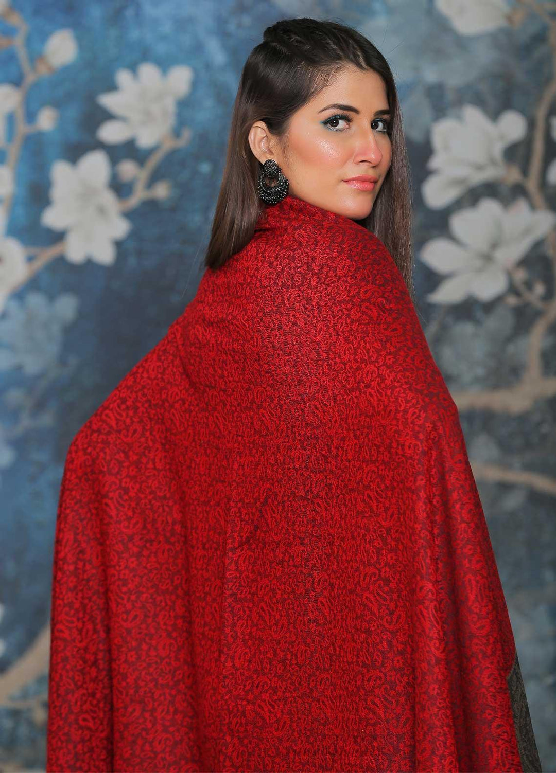 Sanaulla Exclusive Range Embroidered Pashmina  Shawl AKP-51 Red-1 - Pashmina Shawls