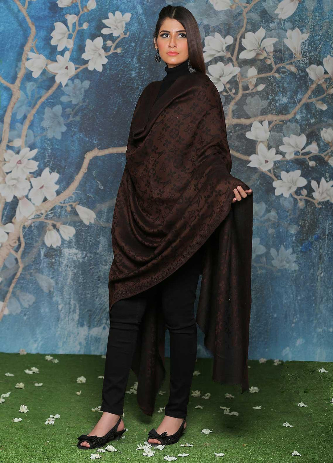 Sanaulla Exclusive Range Embroidered Pashmina  Shawl AKP-52 D Brown-1 - Pashmina Shawls