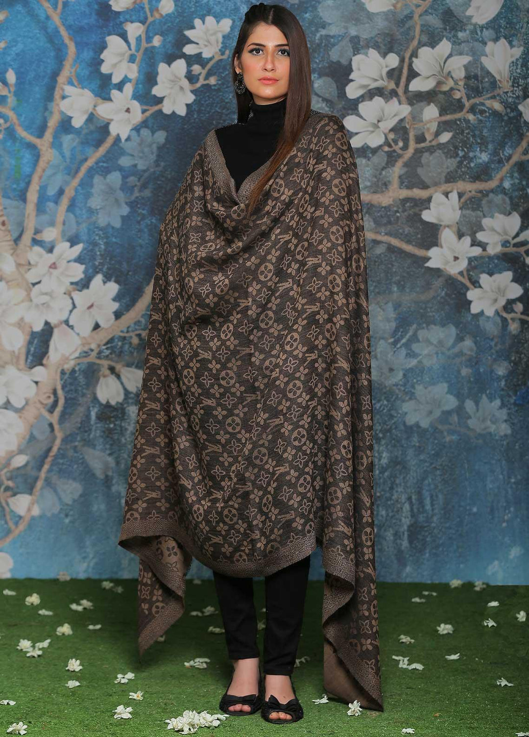 Sanaulla Exclusive Range Embroidered Pashmina  Shawl AKP-52 D Brown-2 - Pashmina Shawls