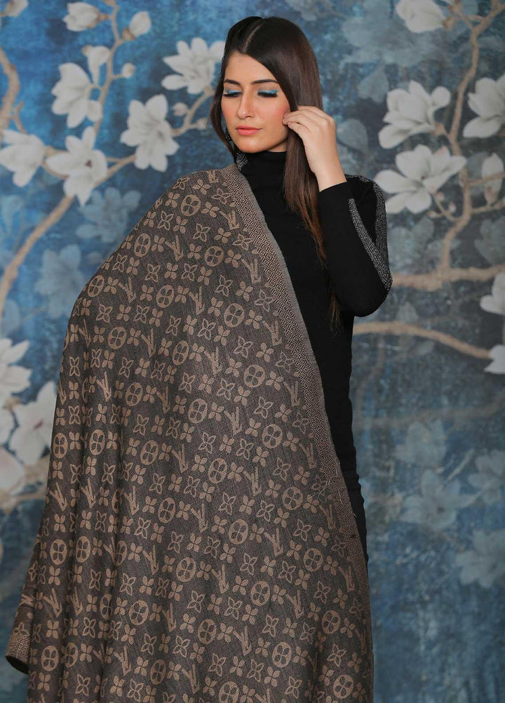 Sanaulla Exclusive Range Embroidered Pashmina  Shawl AKP-52 D Brown-2 - Pashmina Shawls