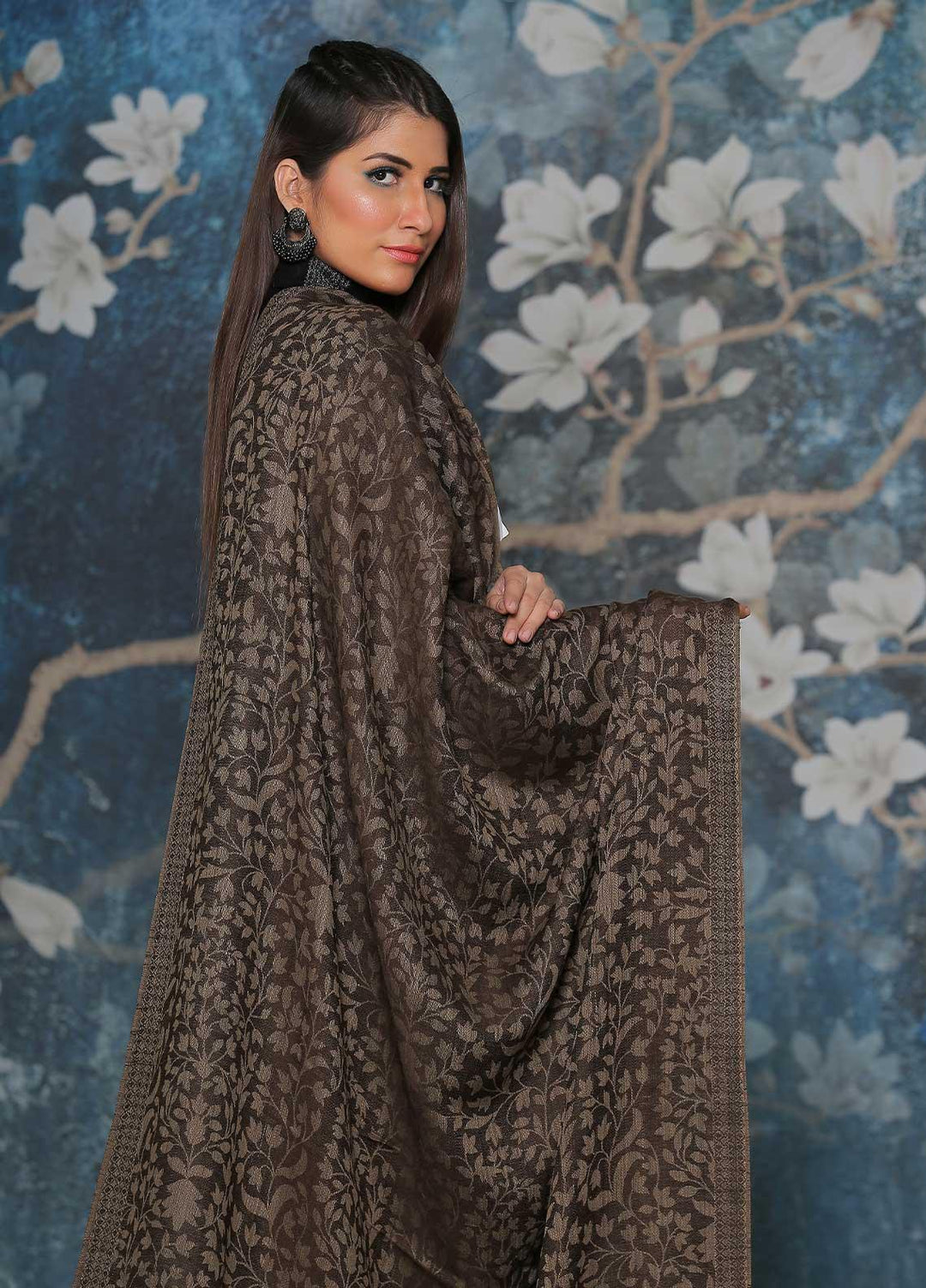 Sanaulla Exclusive Range Embroidered Pashmina  Shawl AKP-52 D Brown-3 - Pashmina Shawls