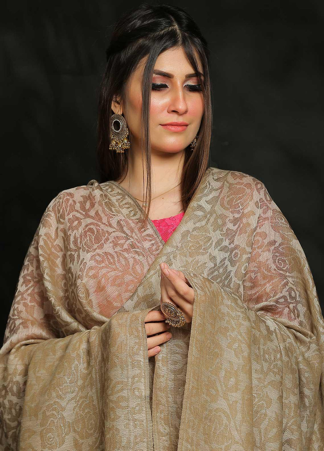 Sanaulla Exclusive Range Embroidered Pashmina  Shawl AKP-52 Grey-3 - Pashmina Shawls