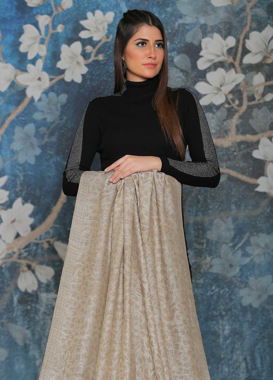 Sanaulla Exclusive Range Embroidered Pashmina  Shawl AKP-52 Grey-4 - Pashmina Shawls