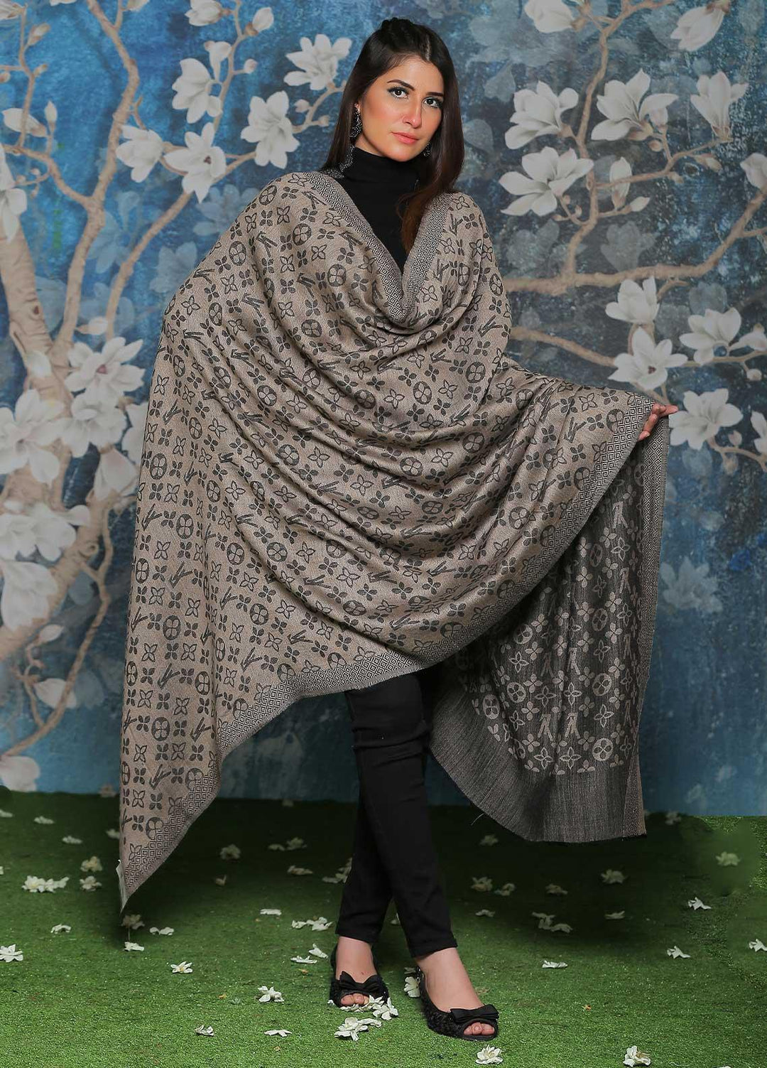 Sanaulla Exclusive Range Embroidered Pashmina  Shawl AKP-52 Grey-5 - Pashmina Shawls