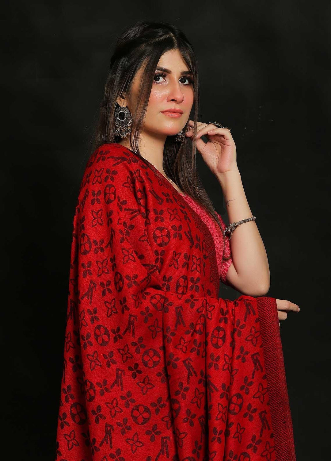 Sanaulla Exclusive Range Embroidered Pashmina  Shawl AKP-52 Red-2 - Pashmina Shawls