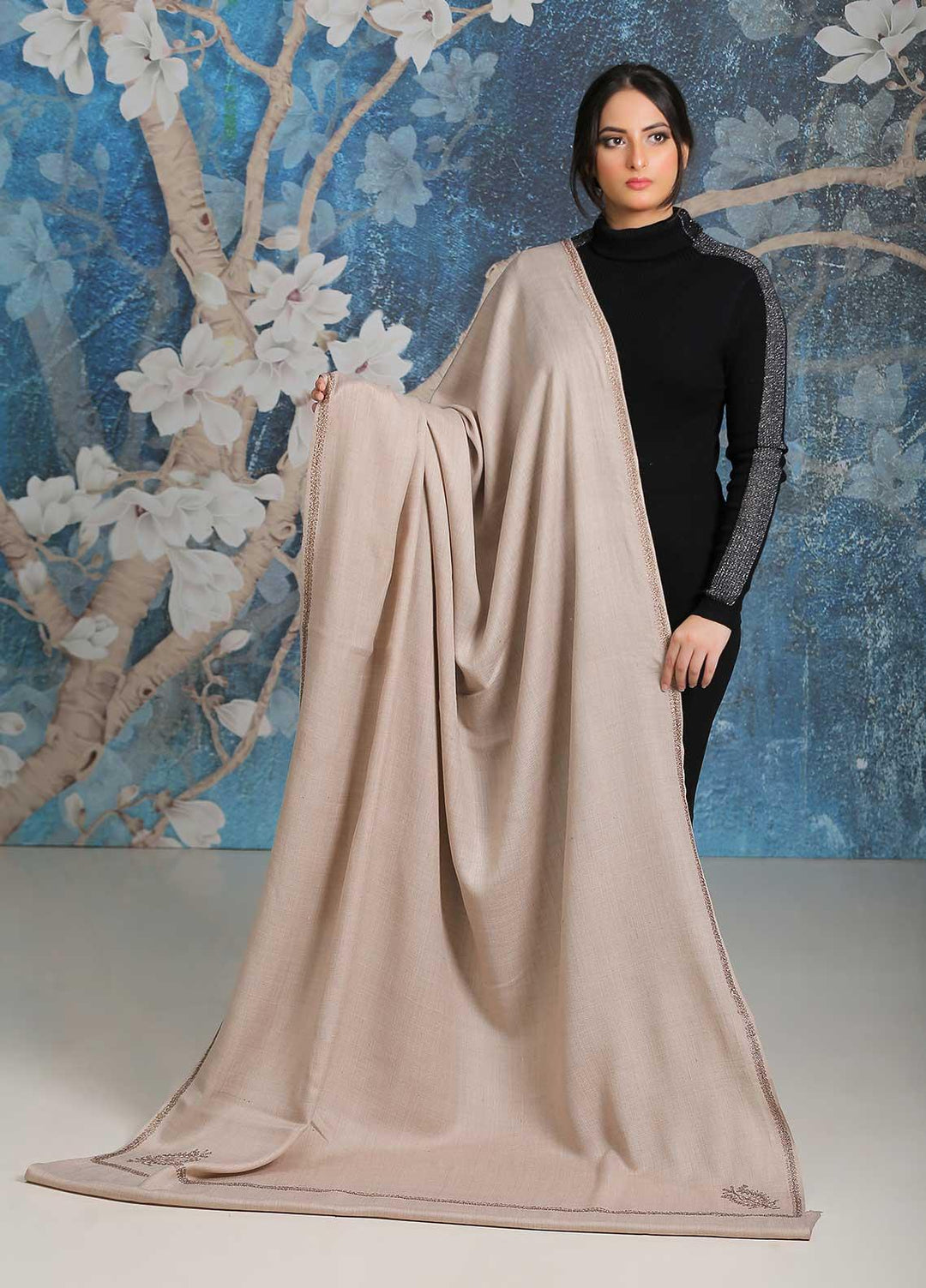 Sanaulla Exclusive Range  Pashmina  Shawl SU21PP MIR-06 Beige - Pure Pashmina Shawls