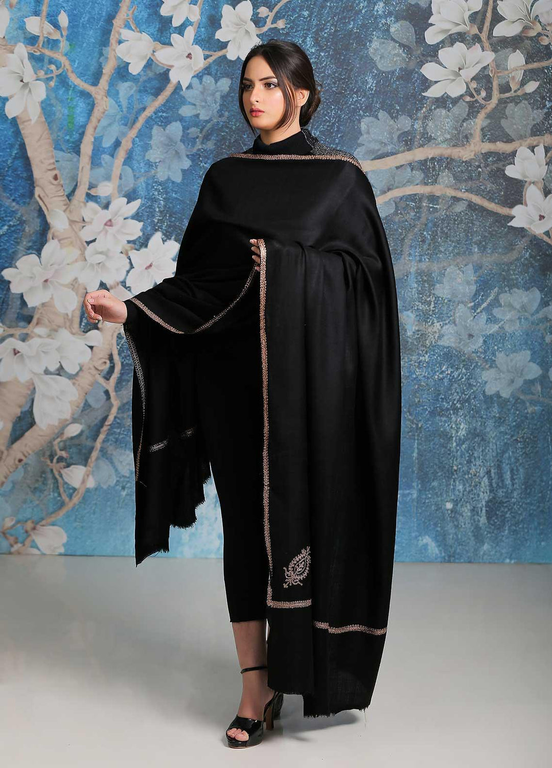 Sanaulla Exclusive Range  Pashmina  Shawl SU21PP MIR-06 Black 1 - Pure Pashmina Shawls