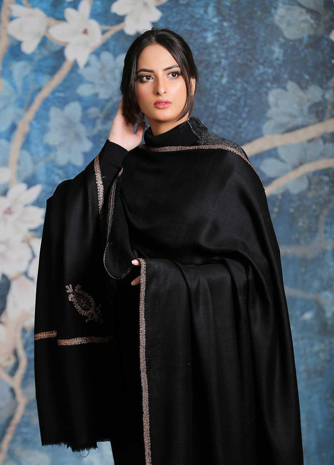 Sanaulla Exclusive Range  Pashmina  Shawl SU21PP MIR-06 Black 1 - Pure Pashmina Shawls
