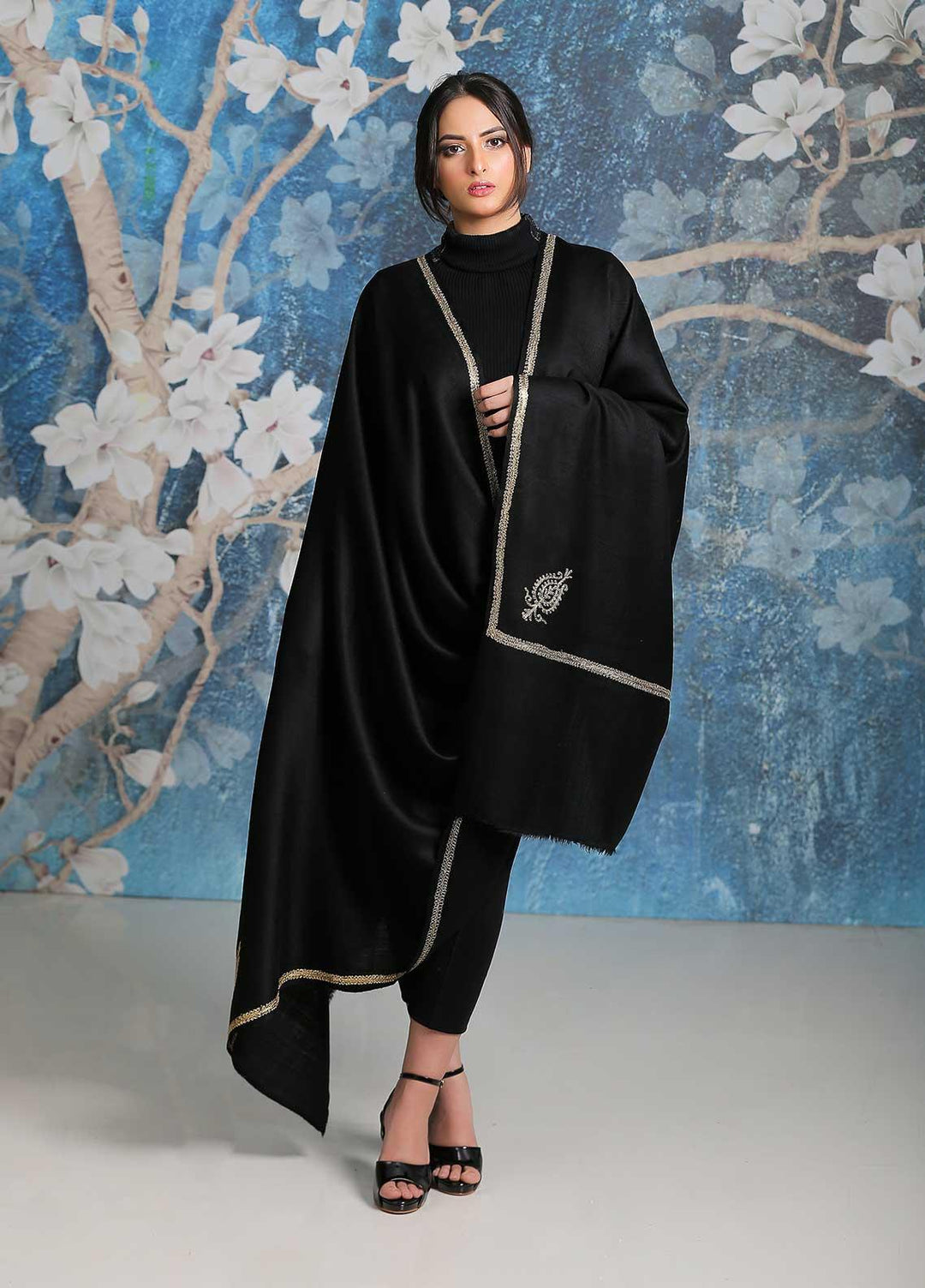 Sanaulla Exclusive Range  Pashmina  Shawl SU21PP MIR-06 Black 2 - Pure Pashmina Shawls