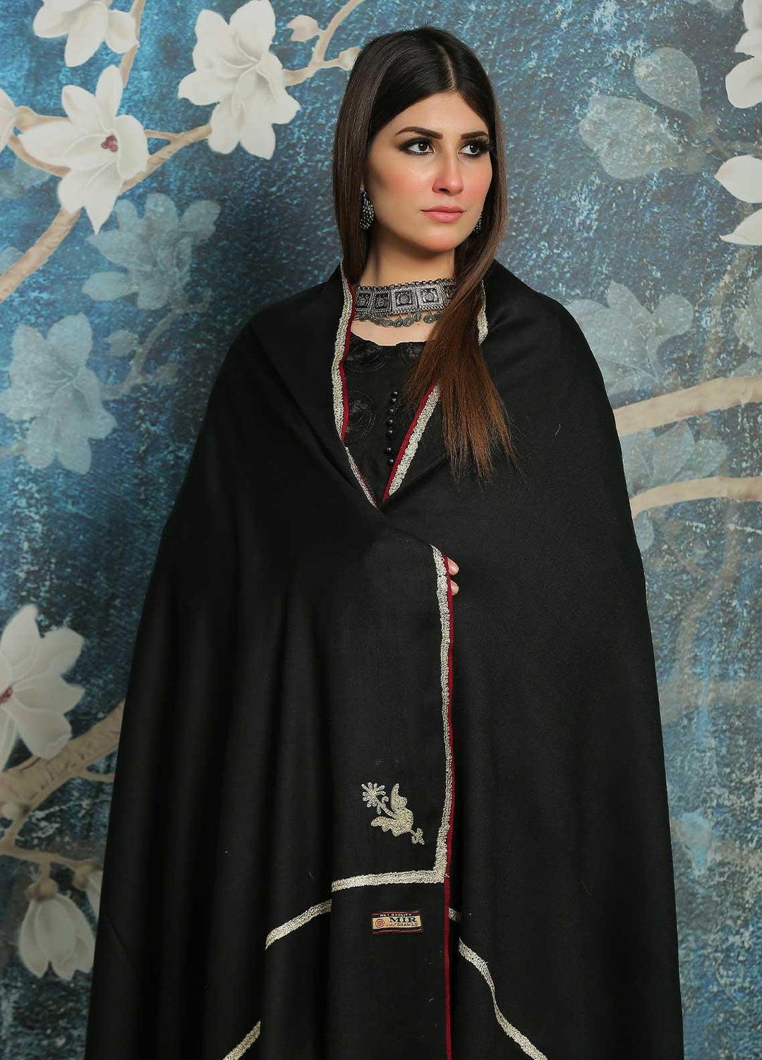 Sanaulla Exclusive Range Embroidered Pashmina  Shawl MIR-06 Black 4 - Pashmina Shawls