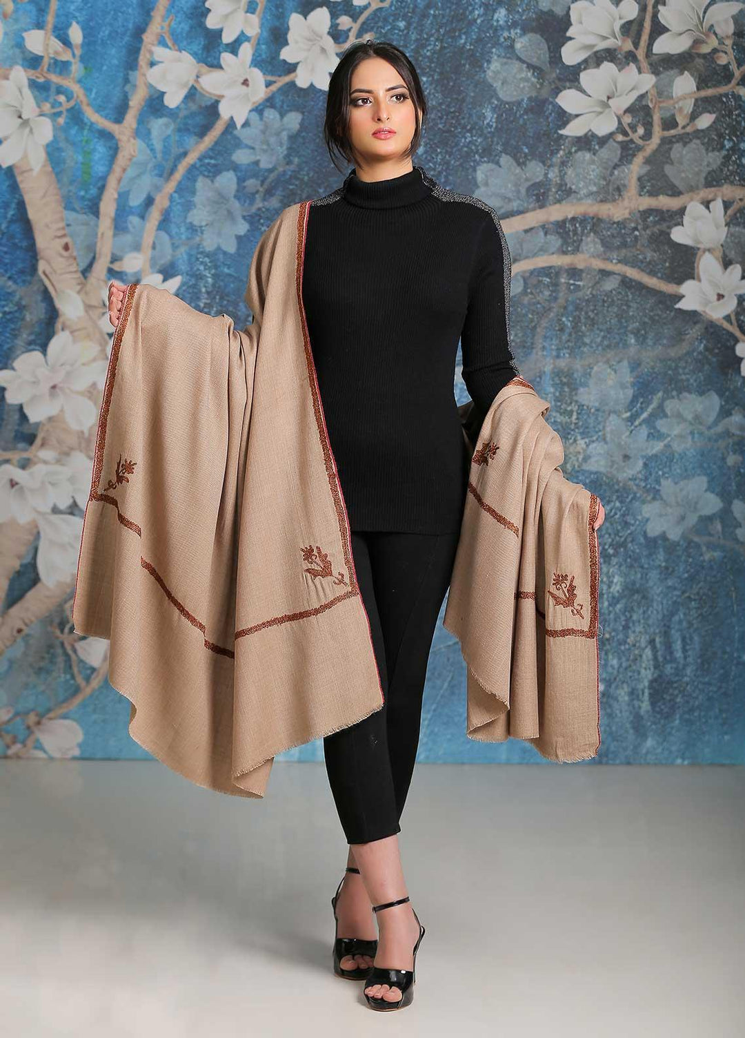 Sanaulla Exclusive Range  Pashmina  Shawl SU21PP MIR-06 D Brown 7 - Pure Pashmina Shawls