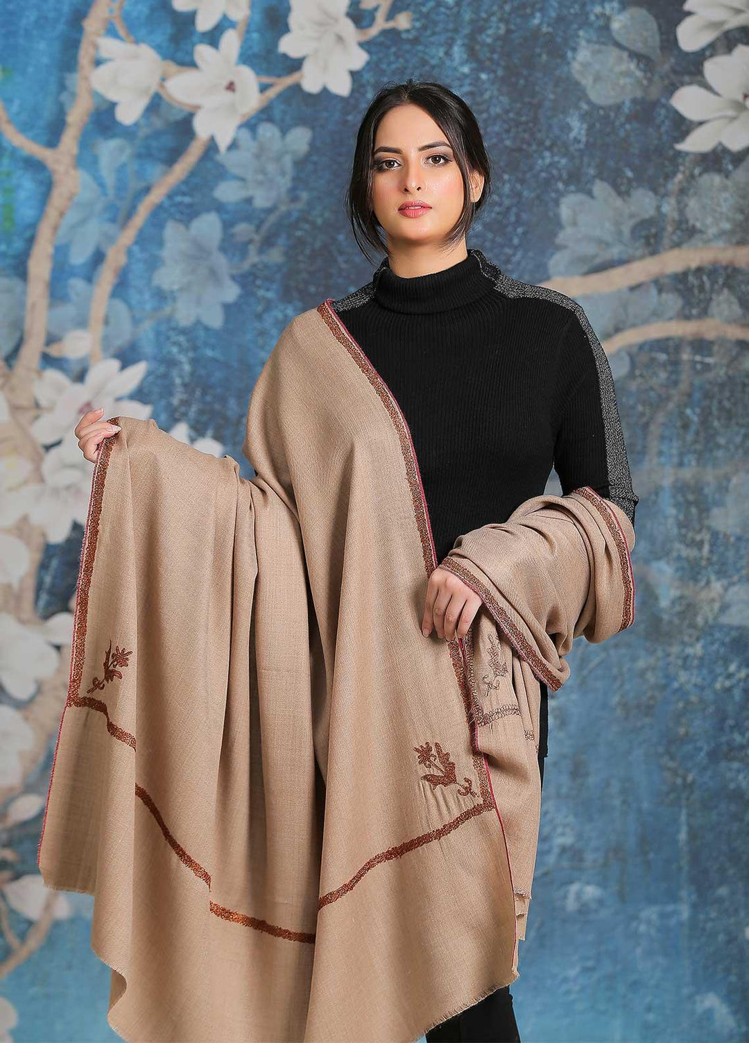 Sanaulla Exclusive Range  Pashmina  Shawl SU21PP MIR-06 D Brown 7 - Pure Pashmina Shawls