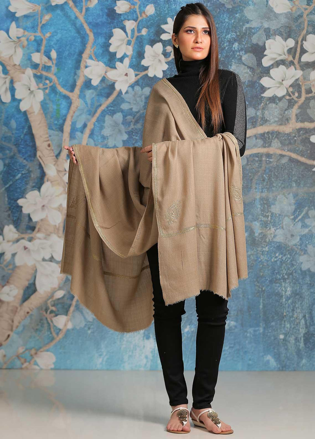 Sanaulla Exclusive Range Embroidered Pashmina  Shawl SU21PP MIR-06 D Brown 9 - Pure Pashmina Shawls