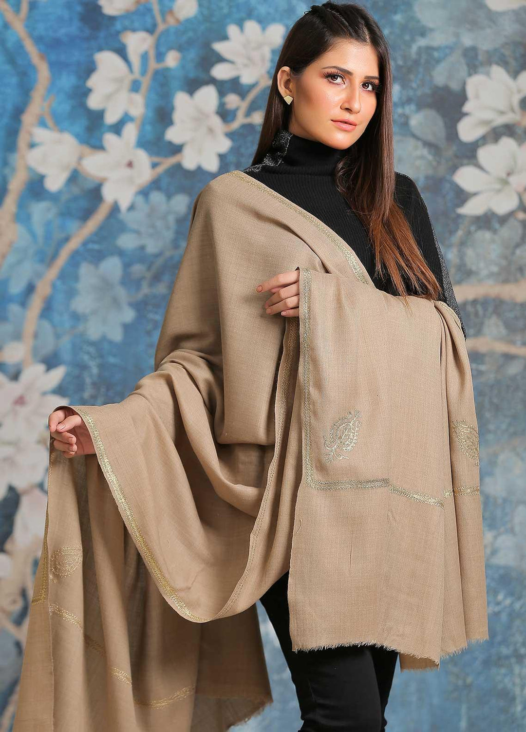 Sanaulla Exclusive Range Embroidered Pashmina  Shawl SU21PP MIR-06 D Brown 9 - Pure Pashmina Shawls