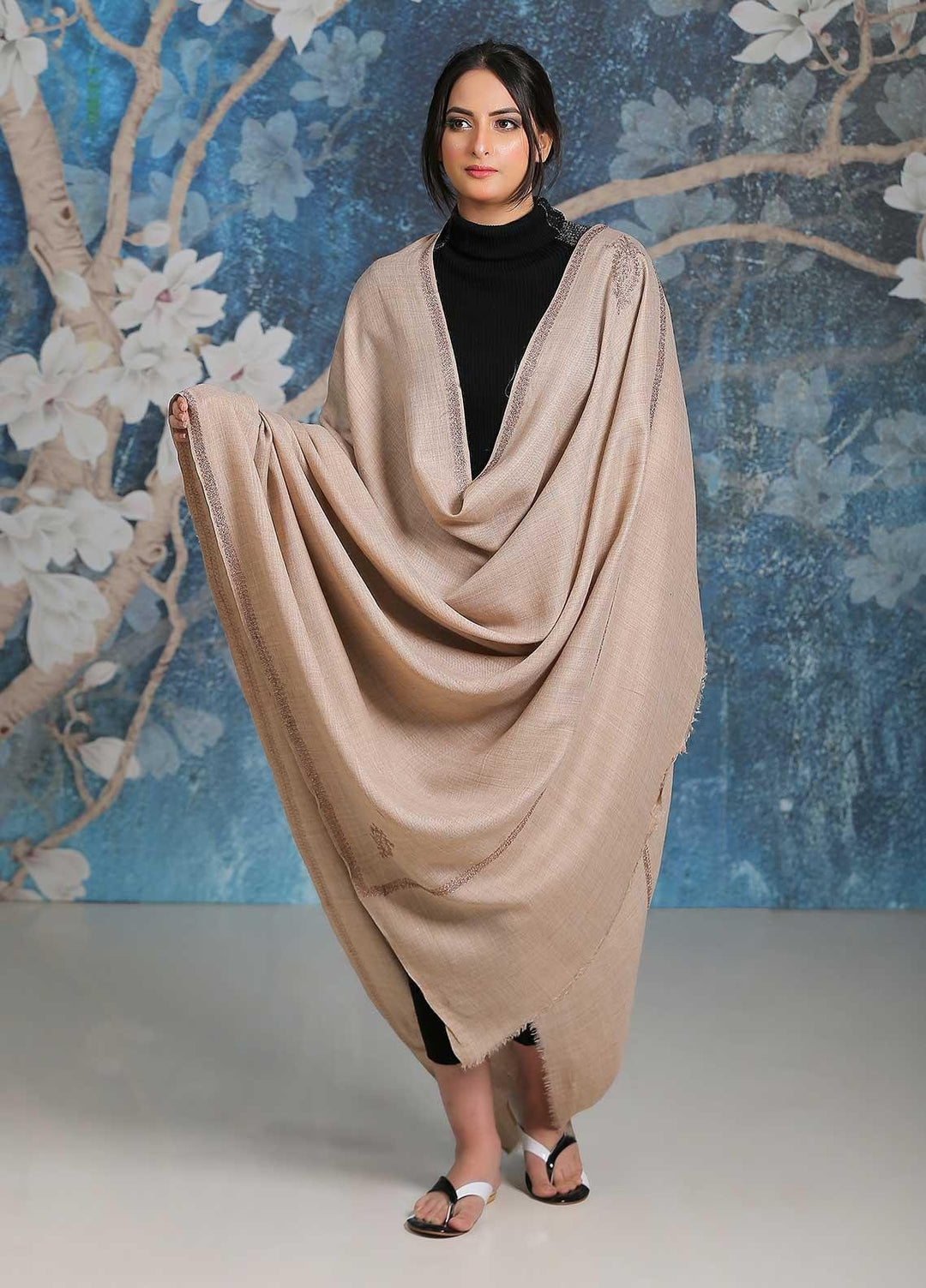 Sanaulla Exclusive Range  Pashmina  Shawl SU21PP MIR-06 Fawn 1 - Pure Pashmina Shawls