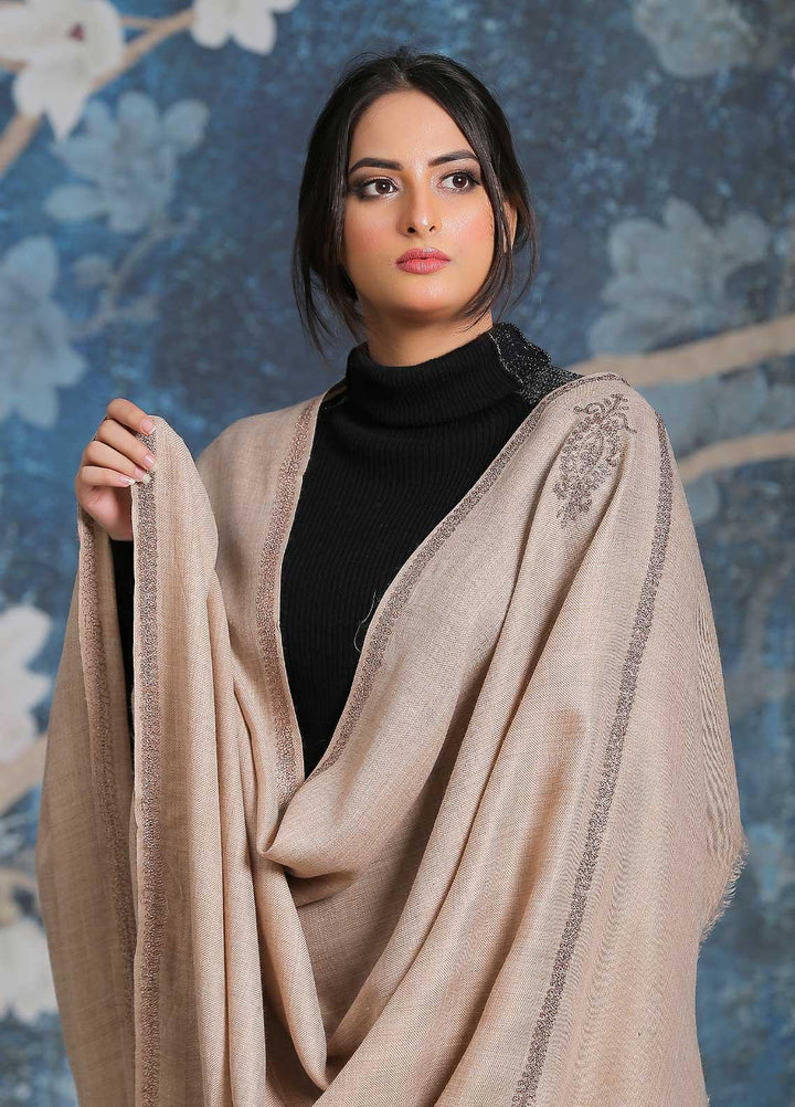 Sanaulla Exclusive Range  Pashmina  Shawl SU21PP MIR-06 Fawn 1 - Pure Pashmina Shawls