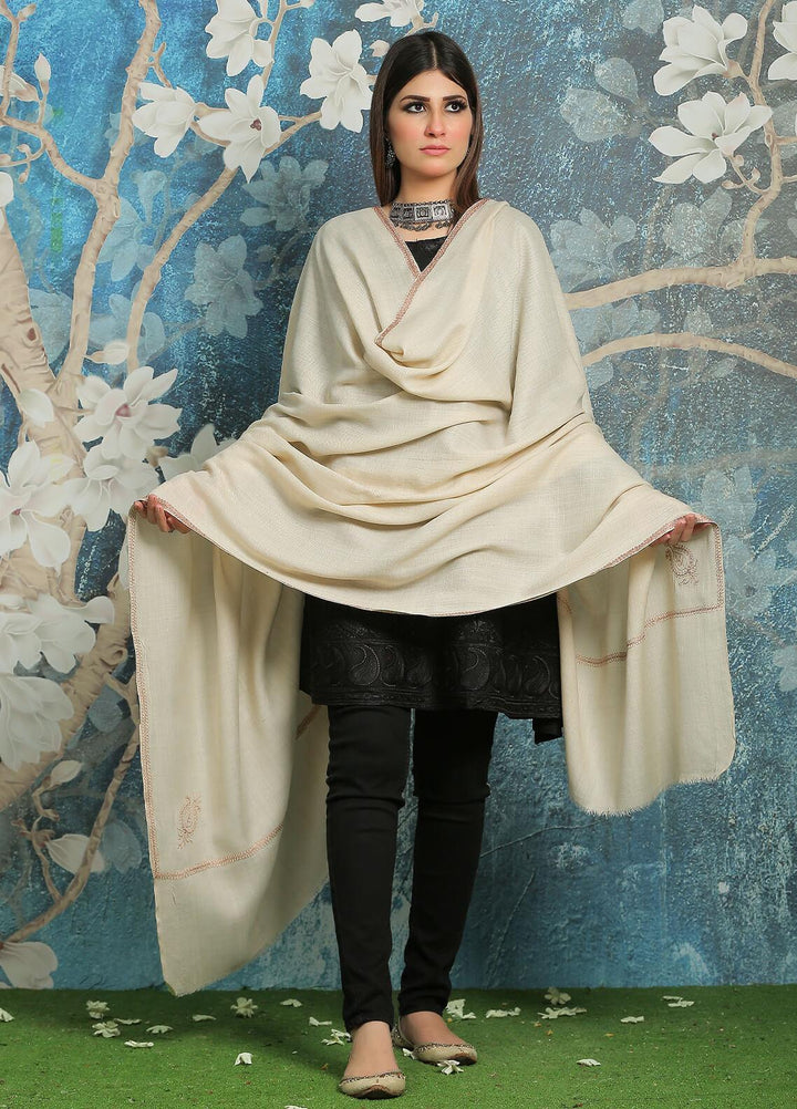 Sanaulla Exclusive Range Embroidered Pashmina  Shawl MIR-06 Fawn 2 - Pashmina Shawls