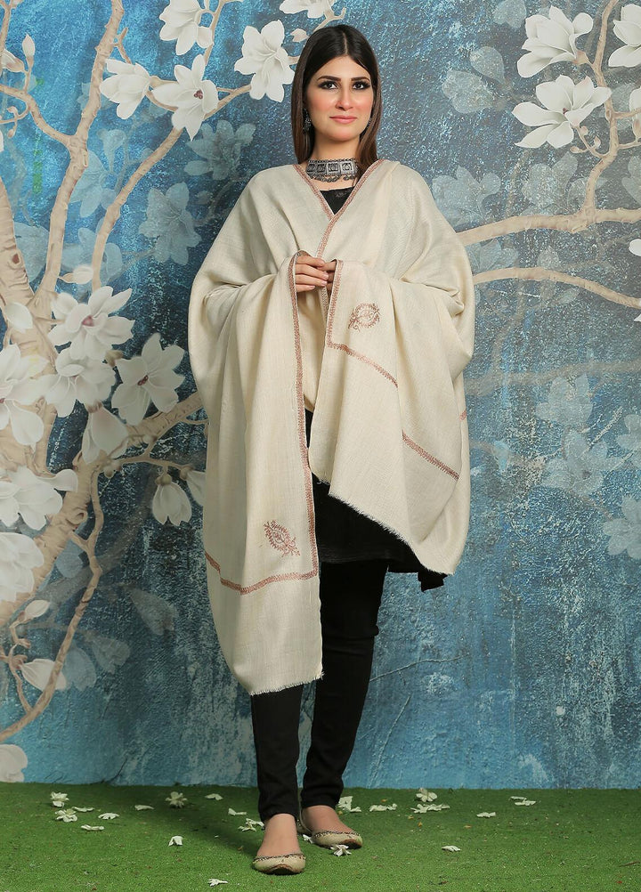 Sanaulla Exclusive Range Embroidered Pashmina  Shawl MIR-06 Fawn 2 - Pashmina Shawls