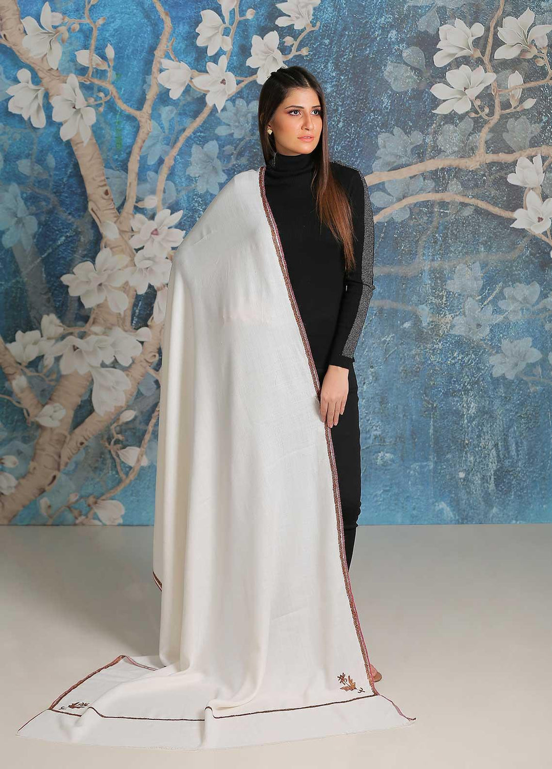 Sanaulla Exclusive Range Embroidered Pashmina  Shawl SU21PP MIR-06 Off White 2 - Pure Pashmina Shawls