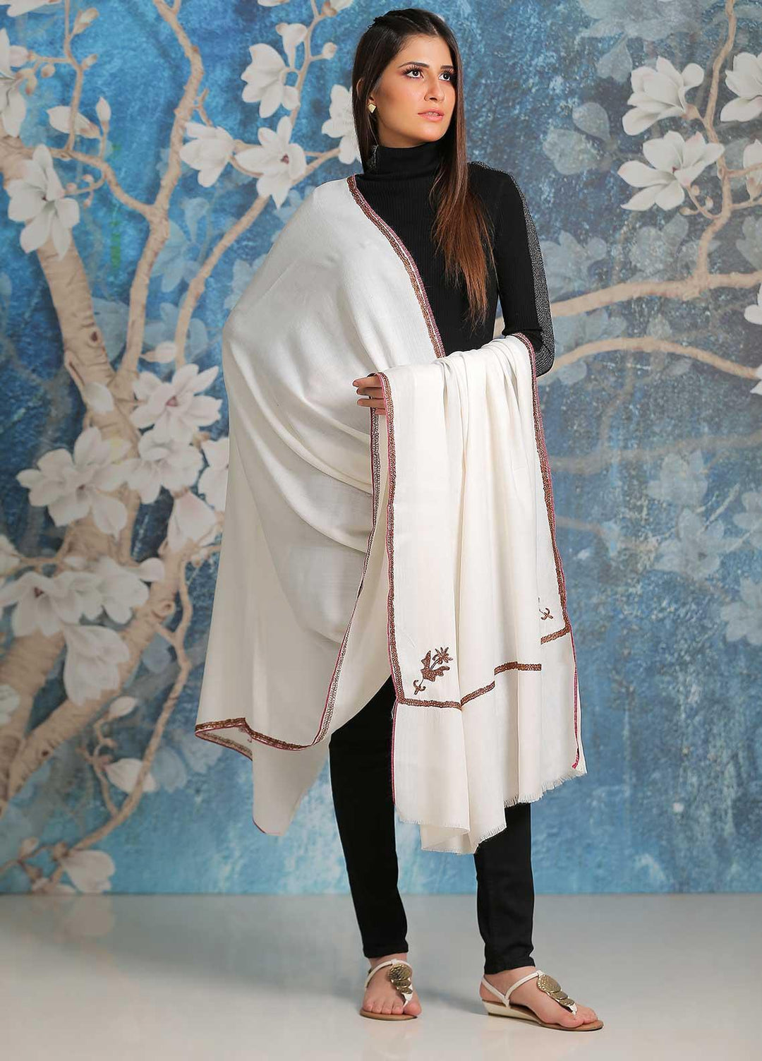 Sanaulla Exclusive Range Embroidered Pashmina  Shawl SU21PP MIR-06 Off White 2 - Pure Pashmina Shawls