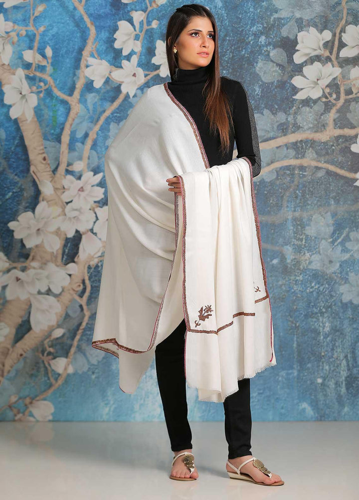 Sanaulla Exclusive Range Embroidered Pashmina  Shawl SU21PP MIR-06 Off White 2 - Pure Pashmina Shawls