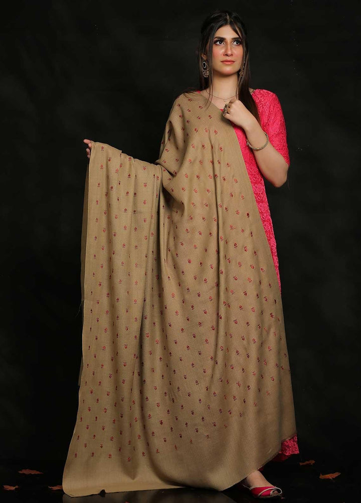 Sanaulla Exclusive Range Embroidered Pashmina  Shawl MIR-07 Brown 13 - Pashmina Shawls