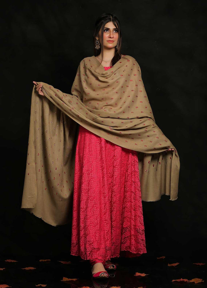 Sanaulla Exclusive Range Embroidered Pashmina  Shawl MIR-07 Brown 13 - Pashmina Shawls