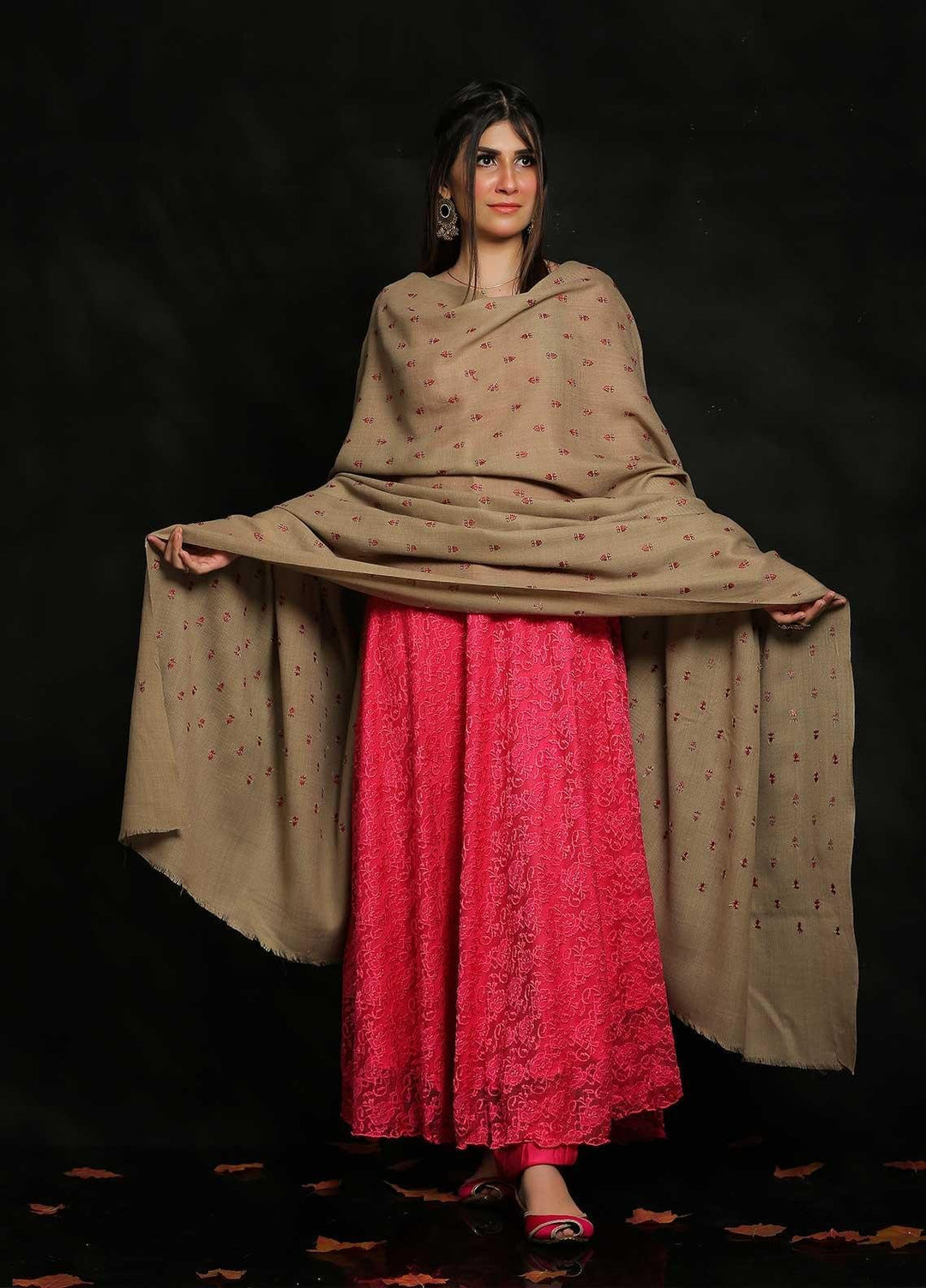 Sanaulla Exclusive Range Embroidered Pashmina  Shawl MIR-07 Brown 5 - Pashmina Shawls