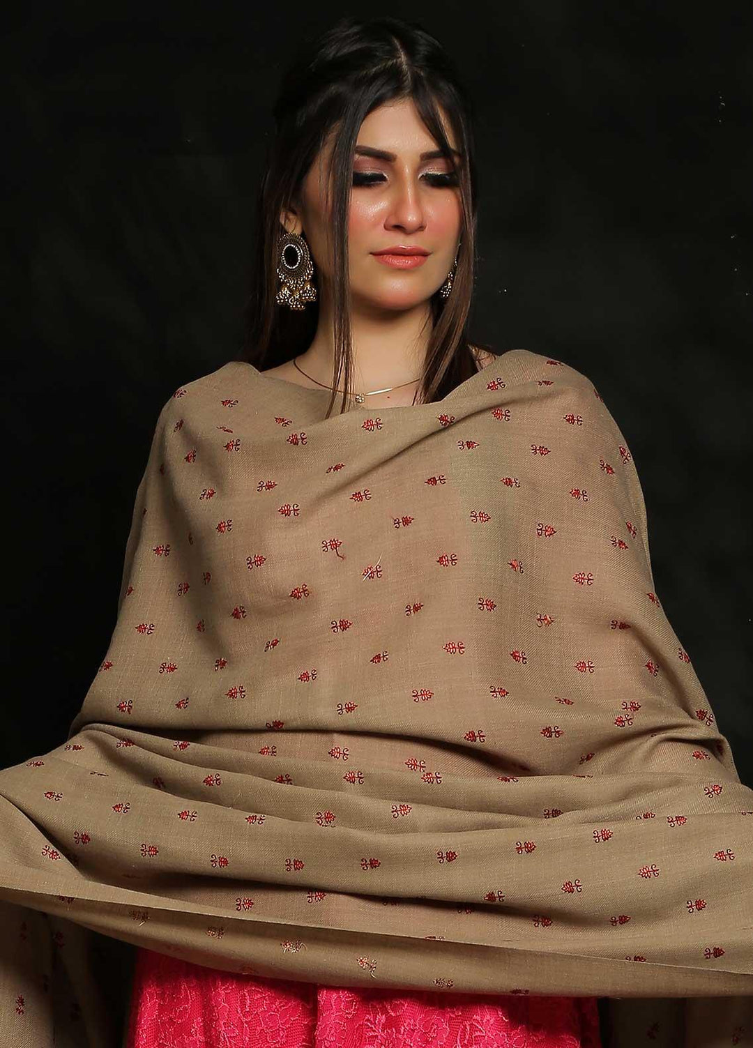 Sanaulla Exclusive Range Embroidered Pashmina  Shawl MIR-07 Brown 5 - Pashmina Shawls