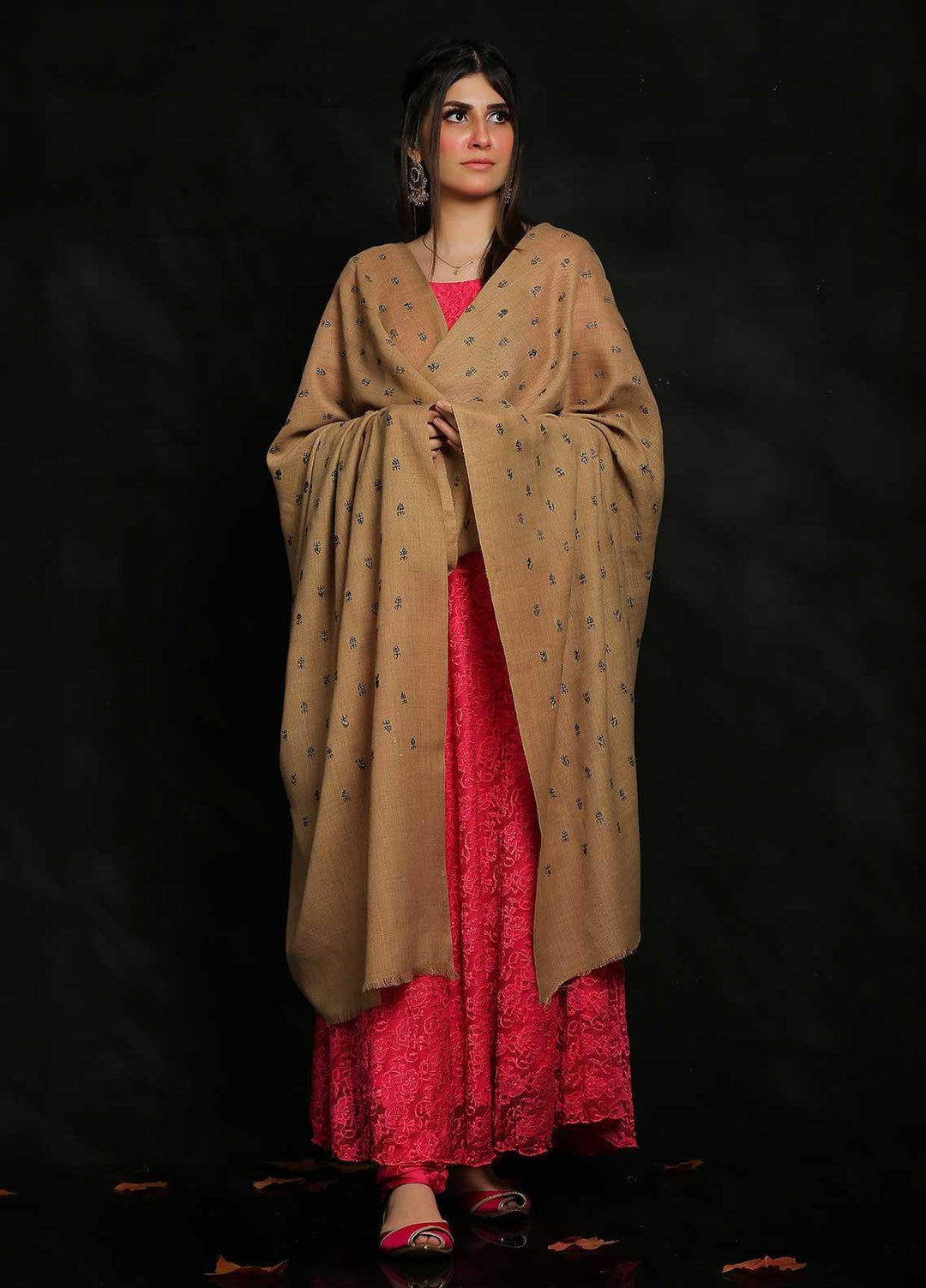 Sanaulla Exclusive Range Embroidered Pashmina  Shawl MIR-07 Brown 9 - Pashmina Shawls