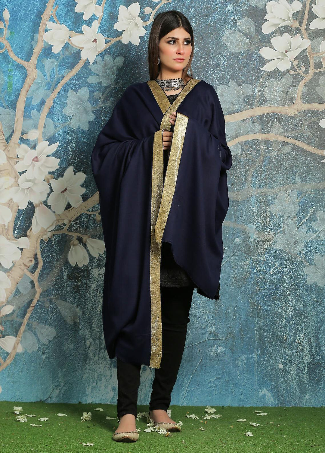 Sanaulla Exclusive Range Embroidered Pashmina  Shawl MIR-08 N Blue - Pashmina Shawls