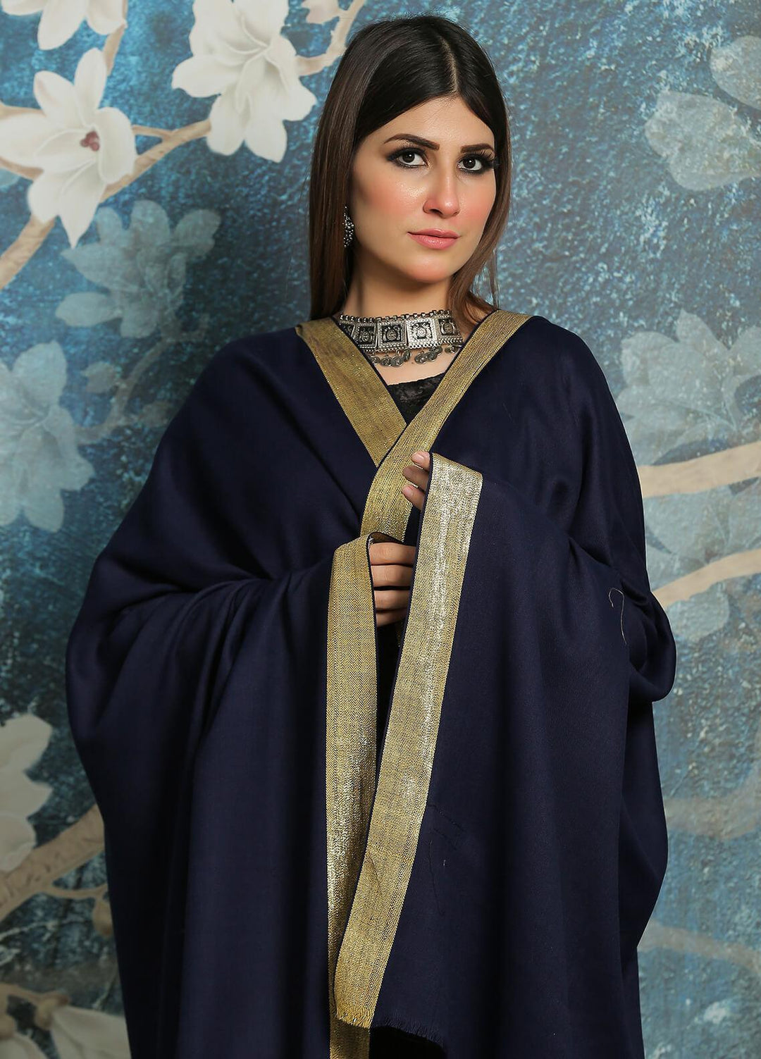 Sanaulla Exclusive Range Embroidered Pashmina  Shawl MIR-08 N Blue - Pashmina Shawls