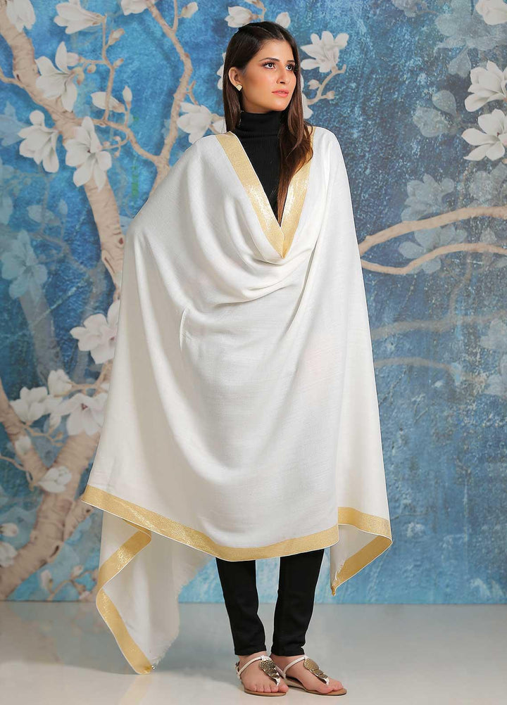 Sanaulla Exclusive Range Embroidered Pashmina  Shawl SU21PP MIR-08 White - Pure Pashmina Shawls
