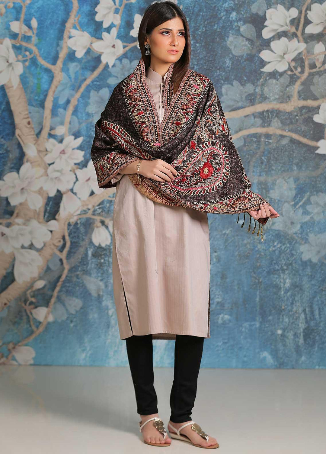 Sanaulla Exclusive Range Embroidered Pashmina  Shawl SU21PP MIR-09 Grey - Pure Pashmina Shawls