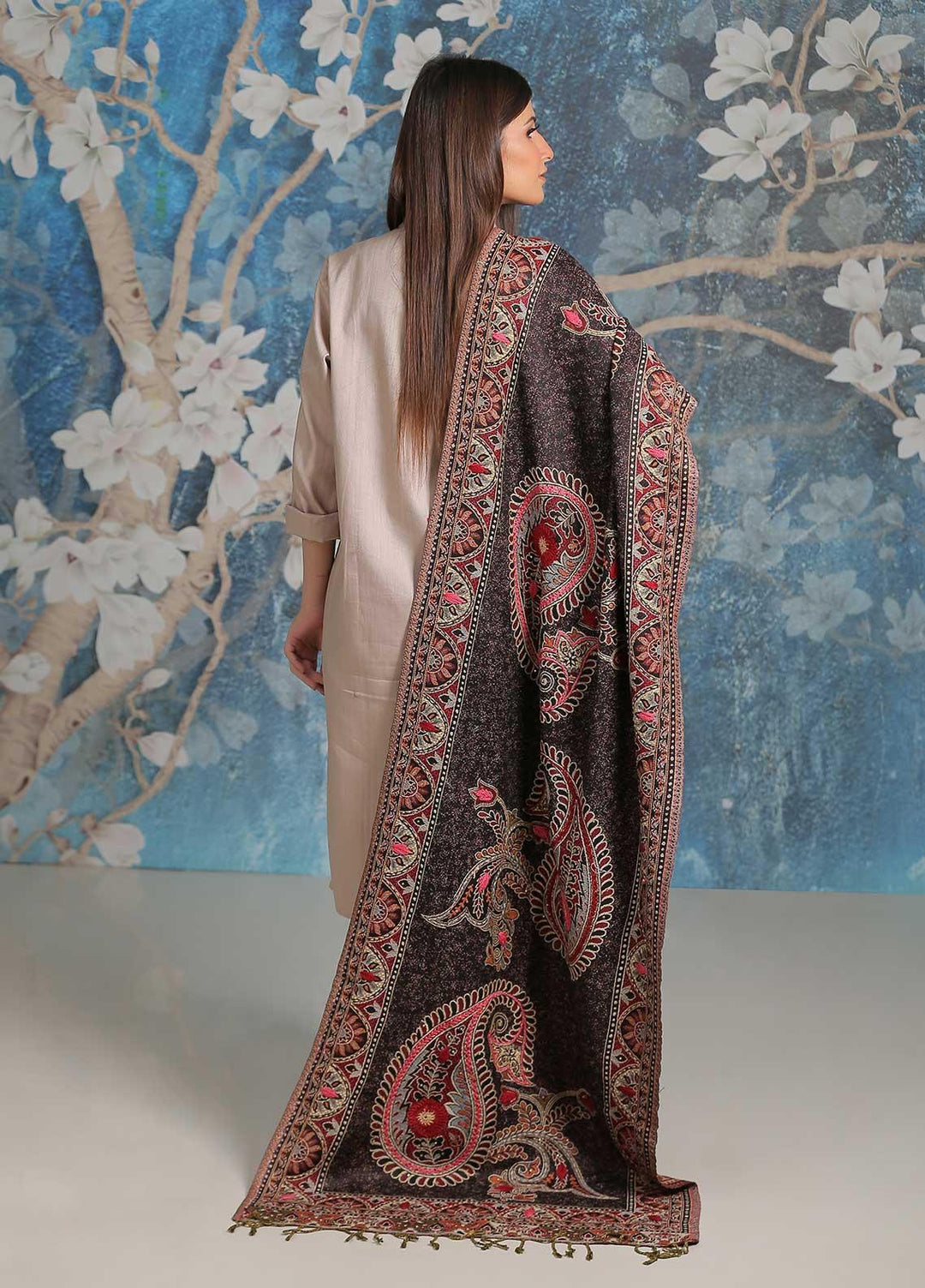 Sanaulla Exclusive Range Embroidered Pashmina  Shawl SU21PP MIR-09 Grey - Pure Pashmina Shawls