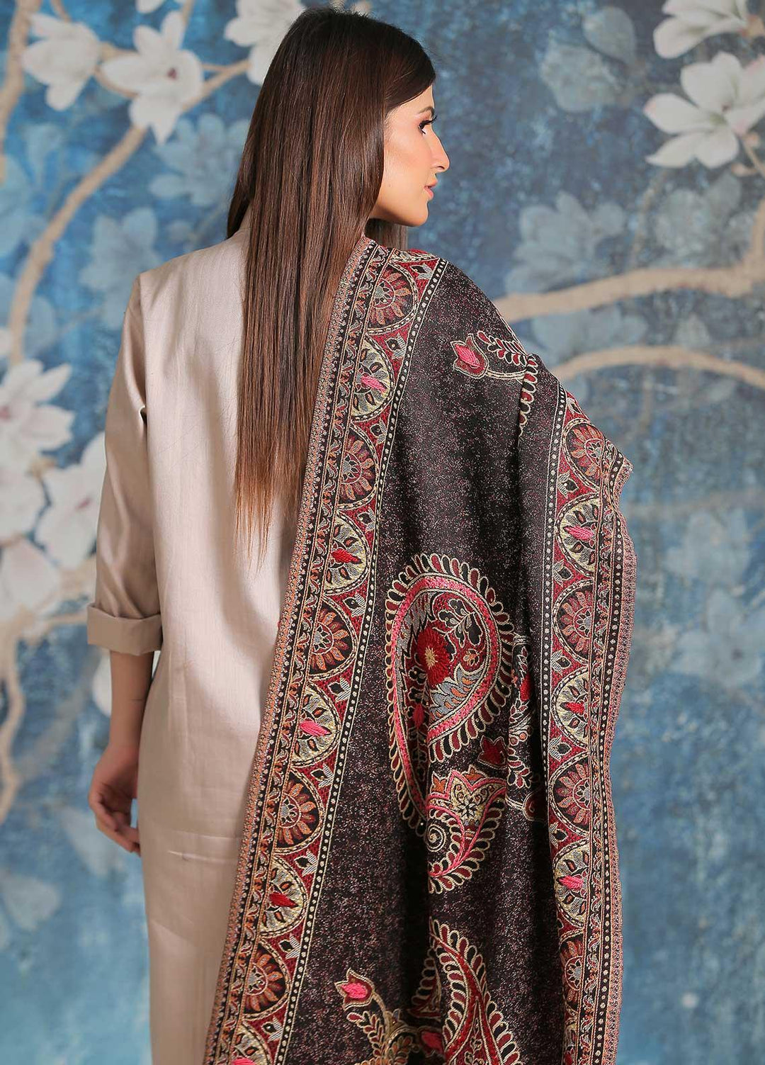 Sanaulla Exclusive Range Embroidered Pashmina  Shawl SU21PP MIR-09 Grey - Pure Pashmina Shawls