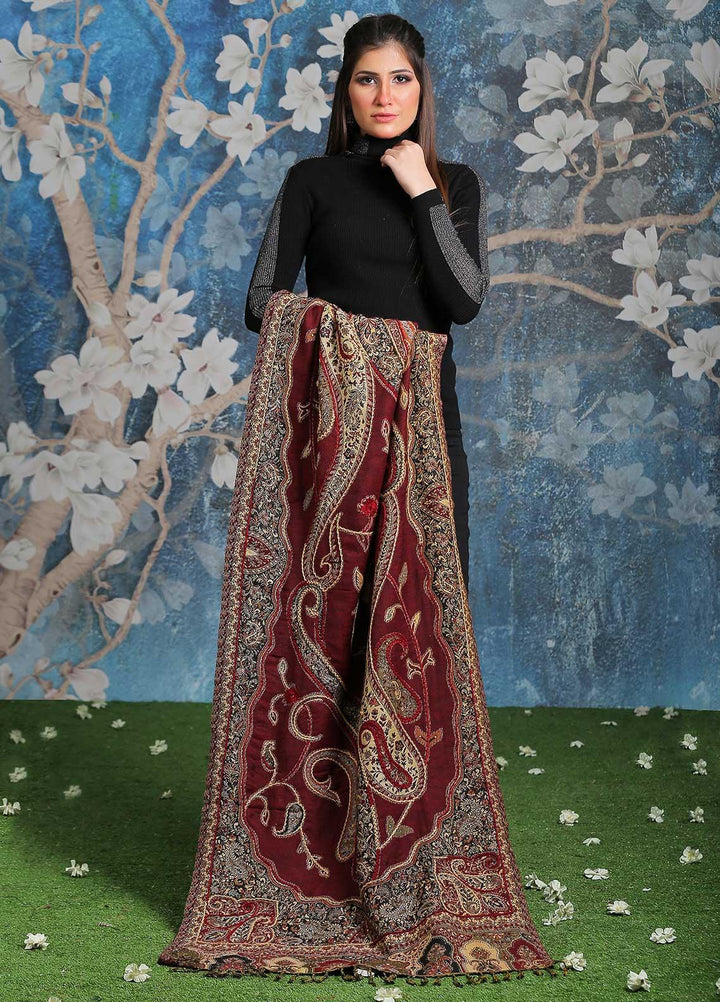 Sanaulla Exclusive Range Embroidered Pashmina  Shawl SU21PP MIR-09 Maroon 3 - Pure Pashmina Shawls