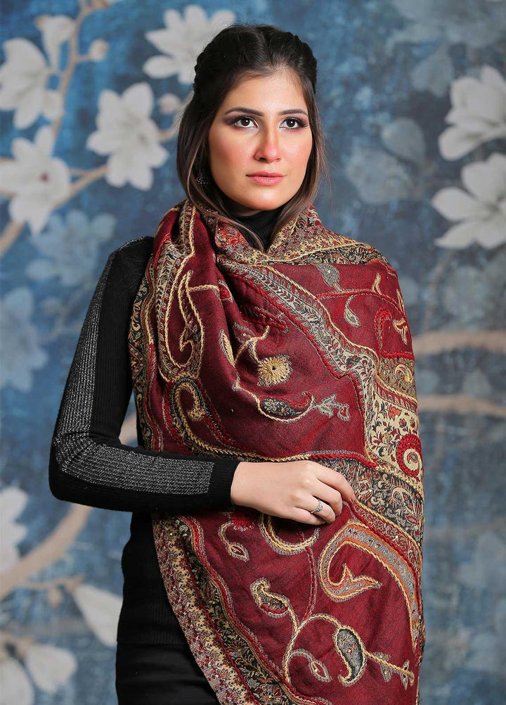 Sanaulla Exclusive Range Embroidered Pashmina  Shawl SU21PP MIR-09 Maroon 3 - Pure Pashmina Shawls
