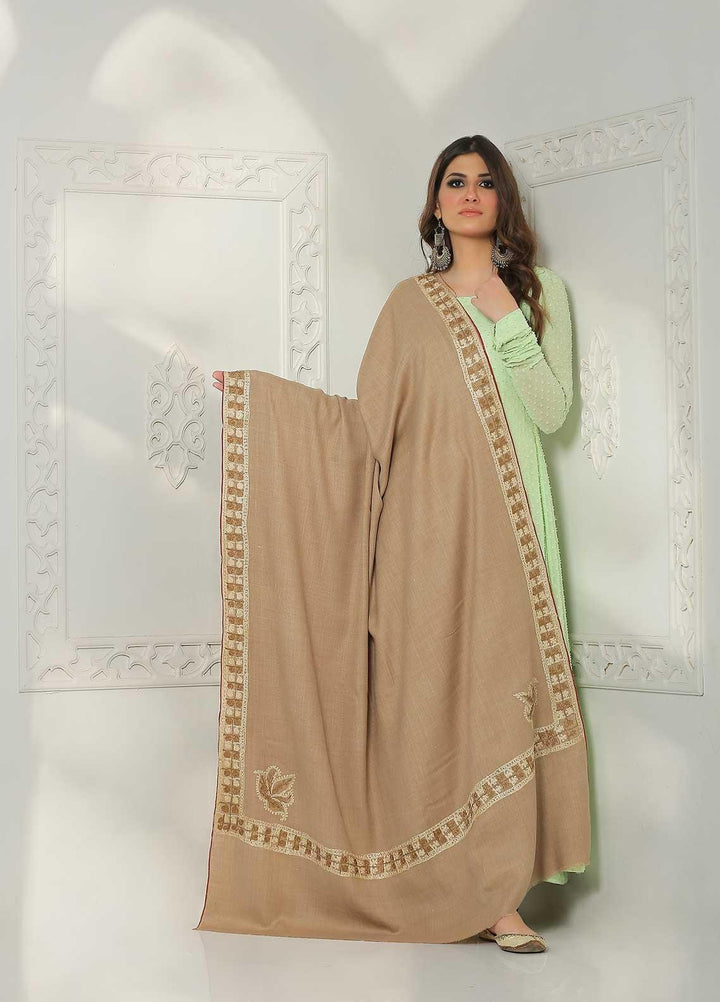 Sanaulla Exclusive Range Embroidered Pashmina  Shawl MIR-10 Brown 2 - Pashmina Shawls