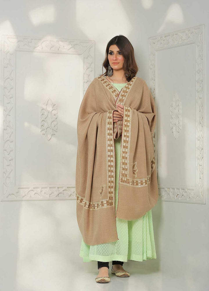 Sanaulla Exclusive Range Embroidered Pashmina  Shawl MIR-10 Brown 2 - Pashmina Shawls
