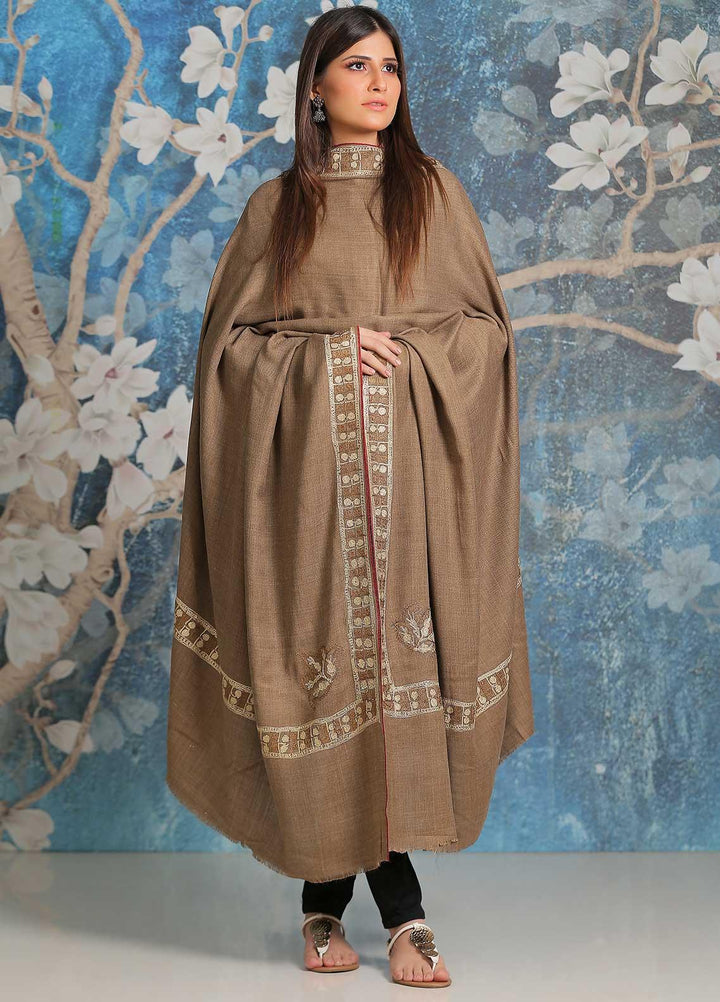 Sanaulla Exclusive Range Embroidered Pashmina  Shawl SU21PP MIR-10 D Brown 2 - Pure Pashmina Shawls